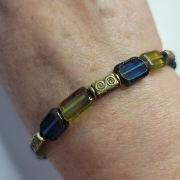 NWT Mens Olivine Picasso Premium Czech Glass Table Cut Bead Stretch Bracelet USA - Picture 11 of 11